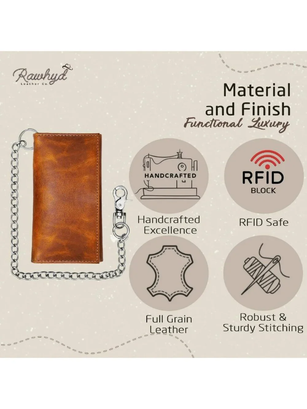Men's Full Grain Leather Biker Wallet with Chain, Zipper Pocket & Card Slots